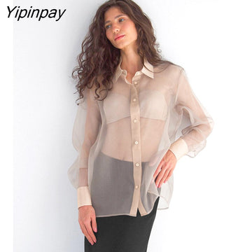Yipinpay 2023 Spring Elegant Long Sleeve Sheer Women Basic Shirt Office Lady Loose Button Up Woman Tunic Blouse Work Clothing Top